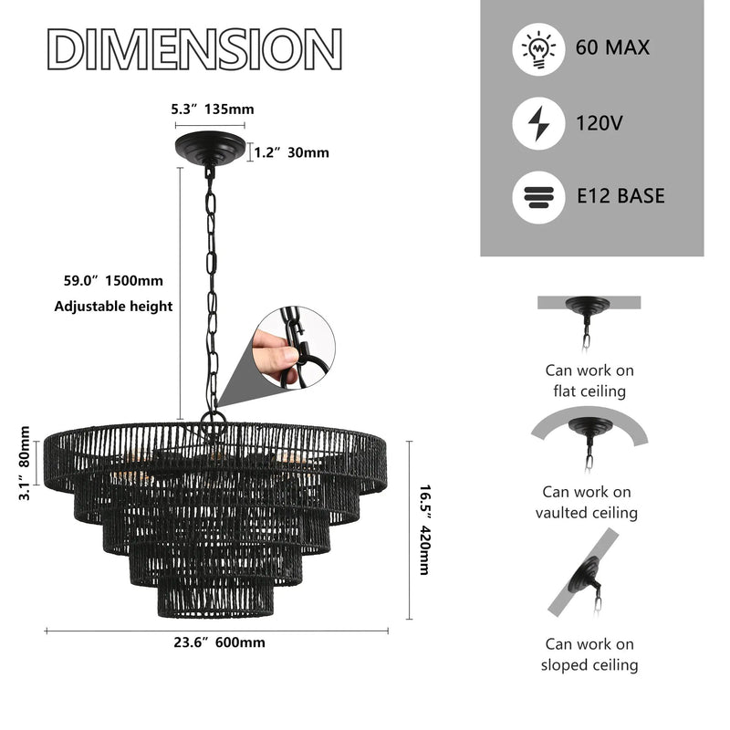 24' Rustic 5-Tier Black Hemp Rope Pendant Light Chandelier by HouseOfZazla
