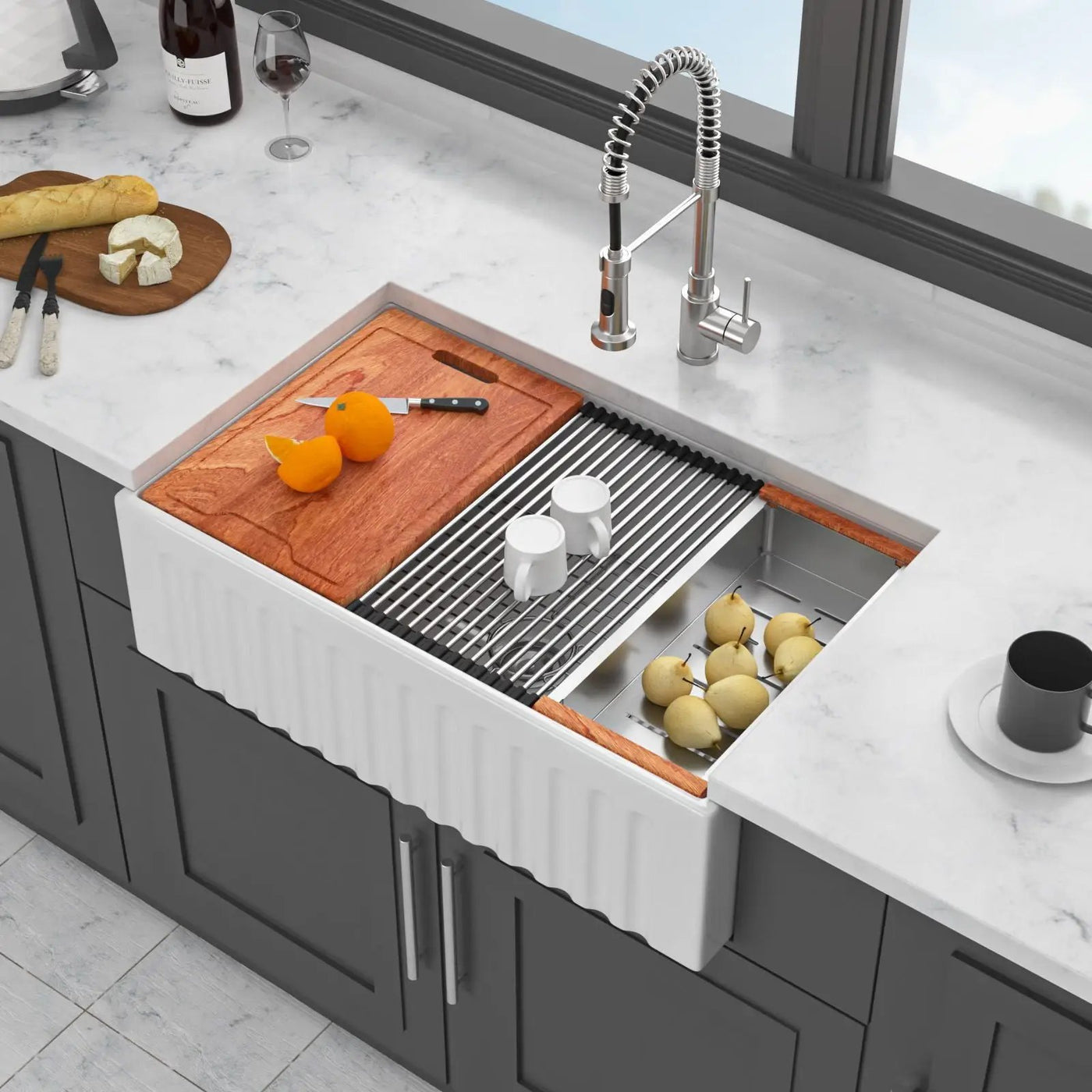 Porcelain Ceramic Farmhouse Sink Workstation With Reversible Apron Design - Single Bowl by HouseOfZazla