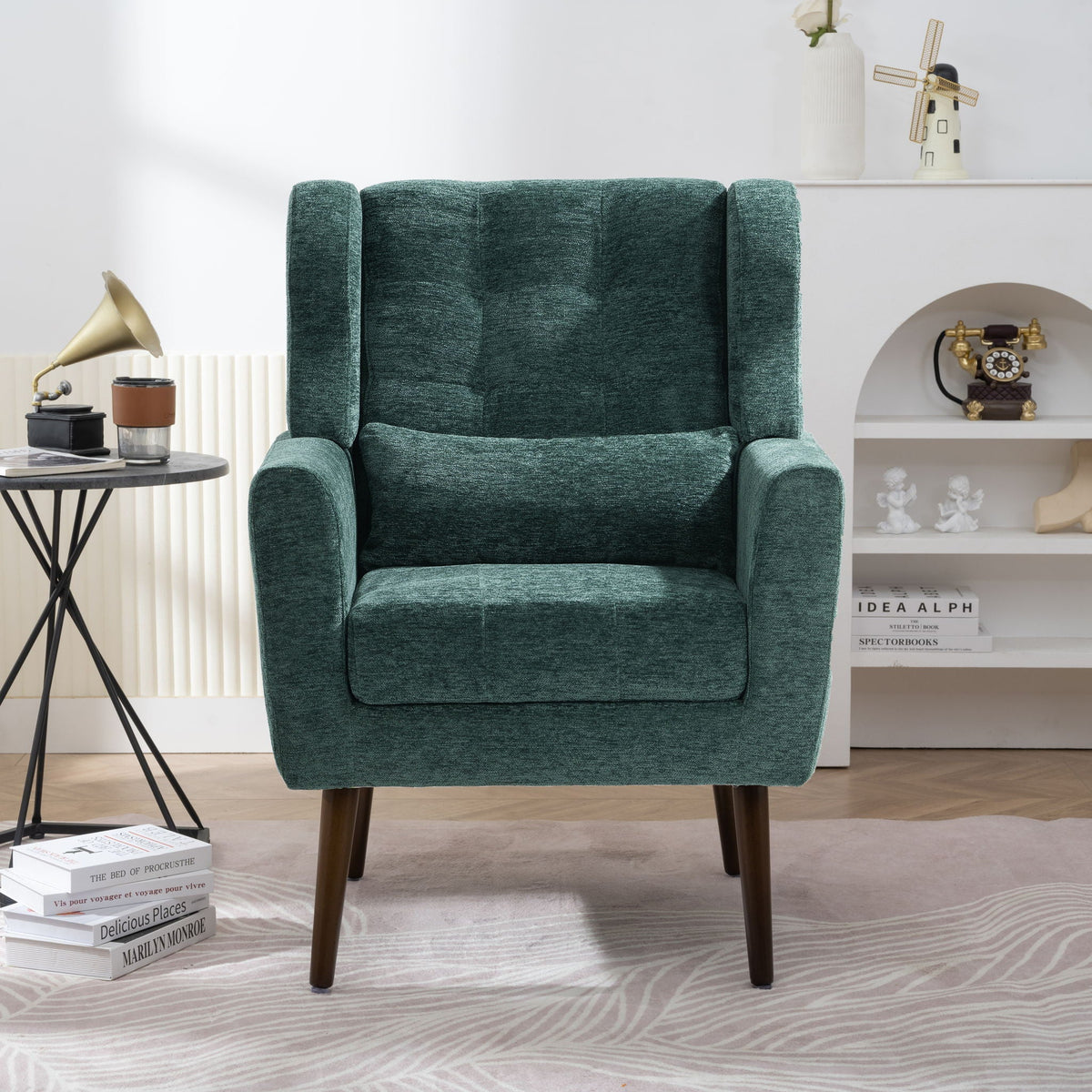 Modern Upholstered Arm Chair with Solid Wood Legs and Pillow - Multiple Colors