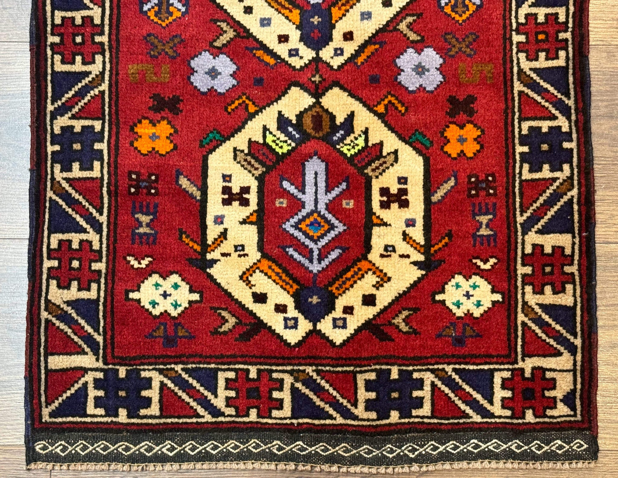 Small Persian Tribal Rug, Red and Ivory, Baluch Rug by Jewel Rugs