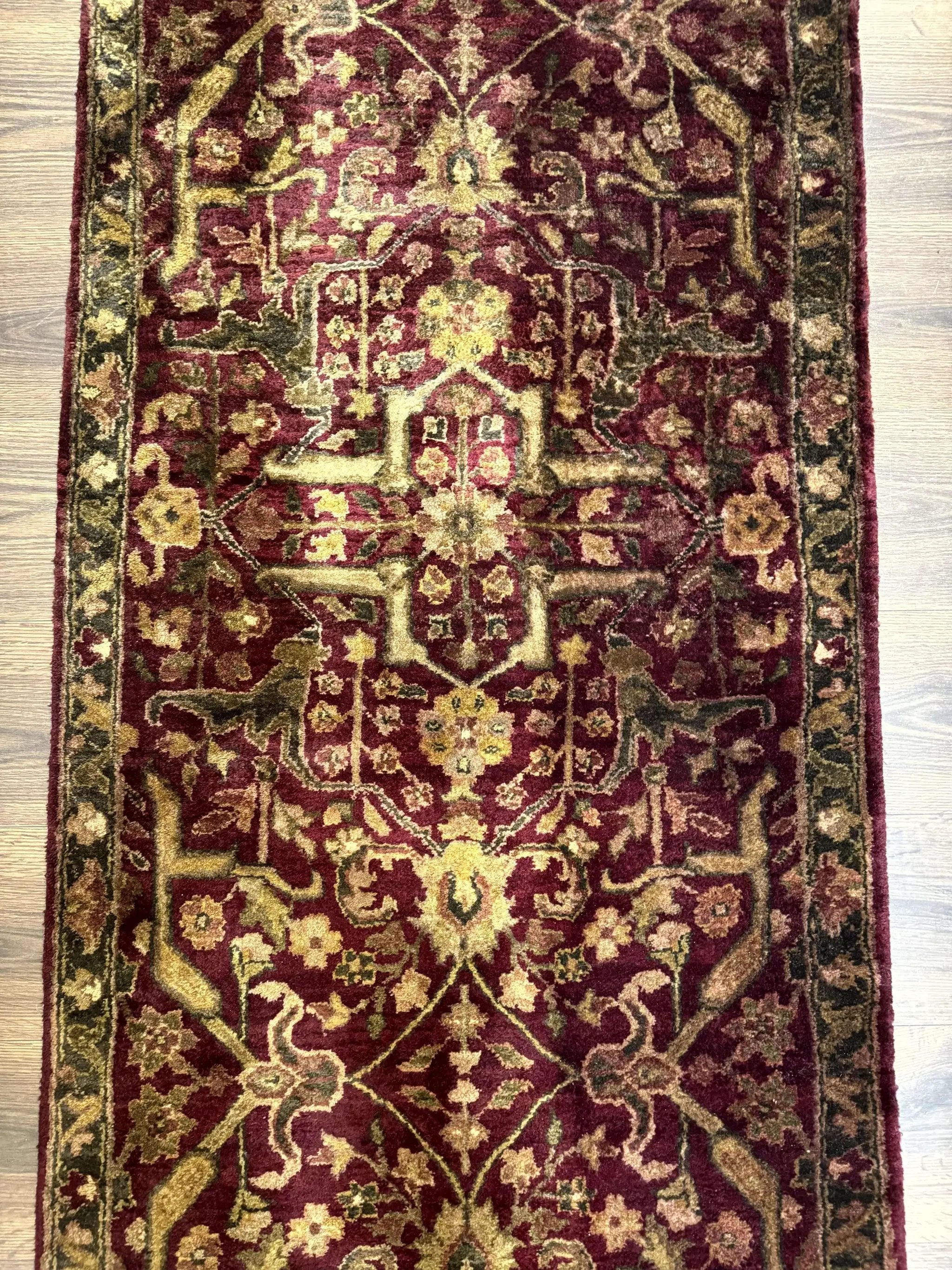Indo Persian Runner Rug 2.7 x 13.8, Maroon, Wool, Handmade Indian Rug for Hallway by Jewel Rugs