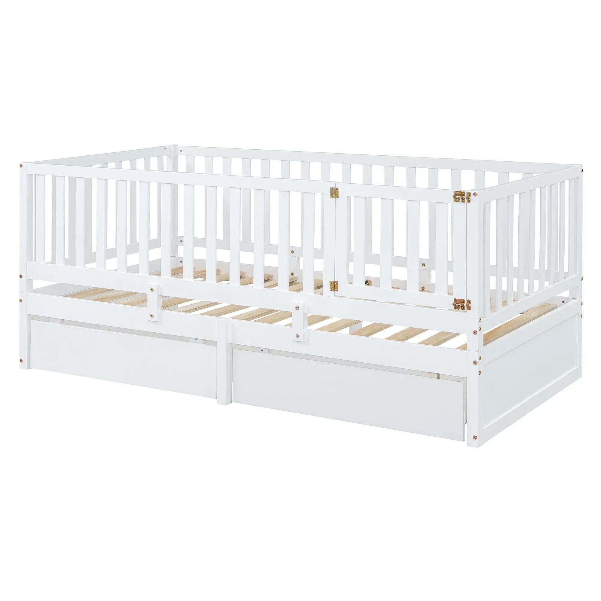 Daybed With Fence Guardrails And 2 Drawers, Split Into Independent Floor Bed & Daybed by HouseOfZazla