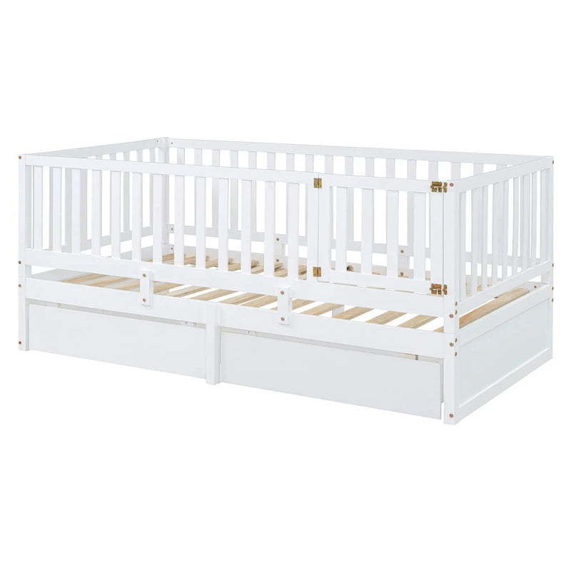 Daybed With Fence Guardrails And 2 Drawers, Split Into Independent Floor Bed & Daybed by HouseOfZazla