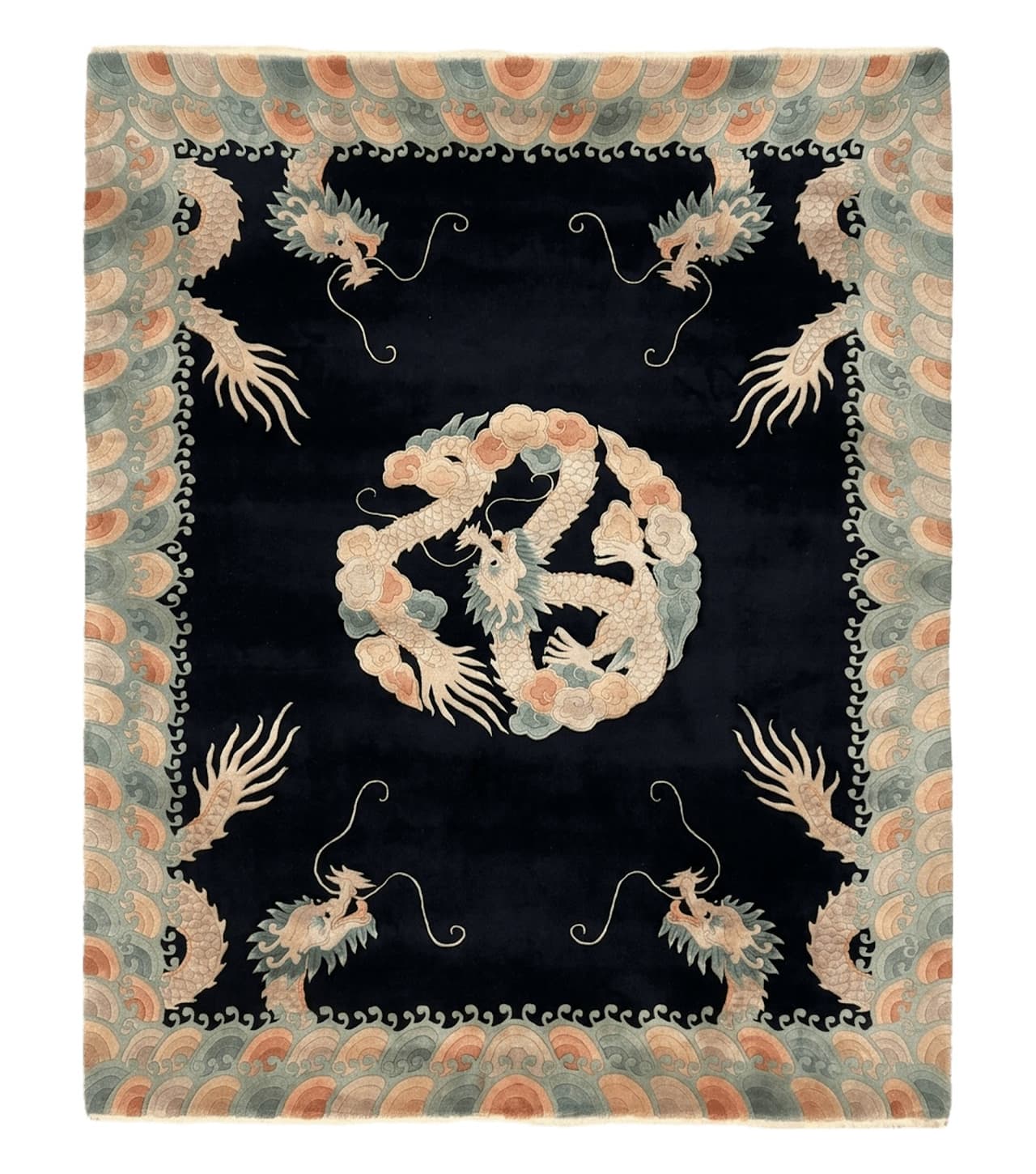 Black Chinese Wool Rug 8x10 with Dragons, Rainbow Borders, Rare by Jewel Rugs