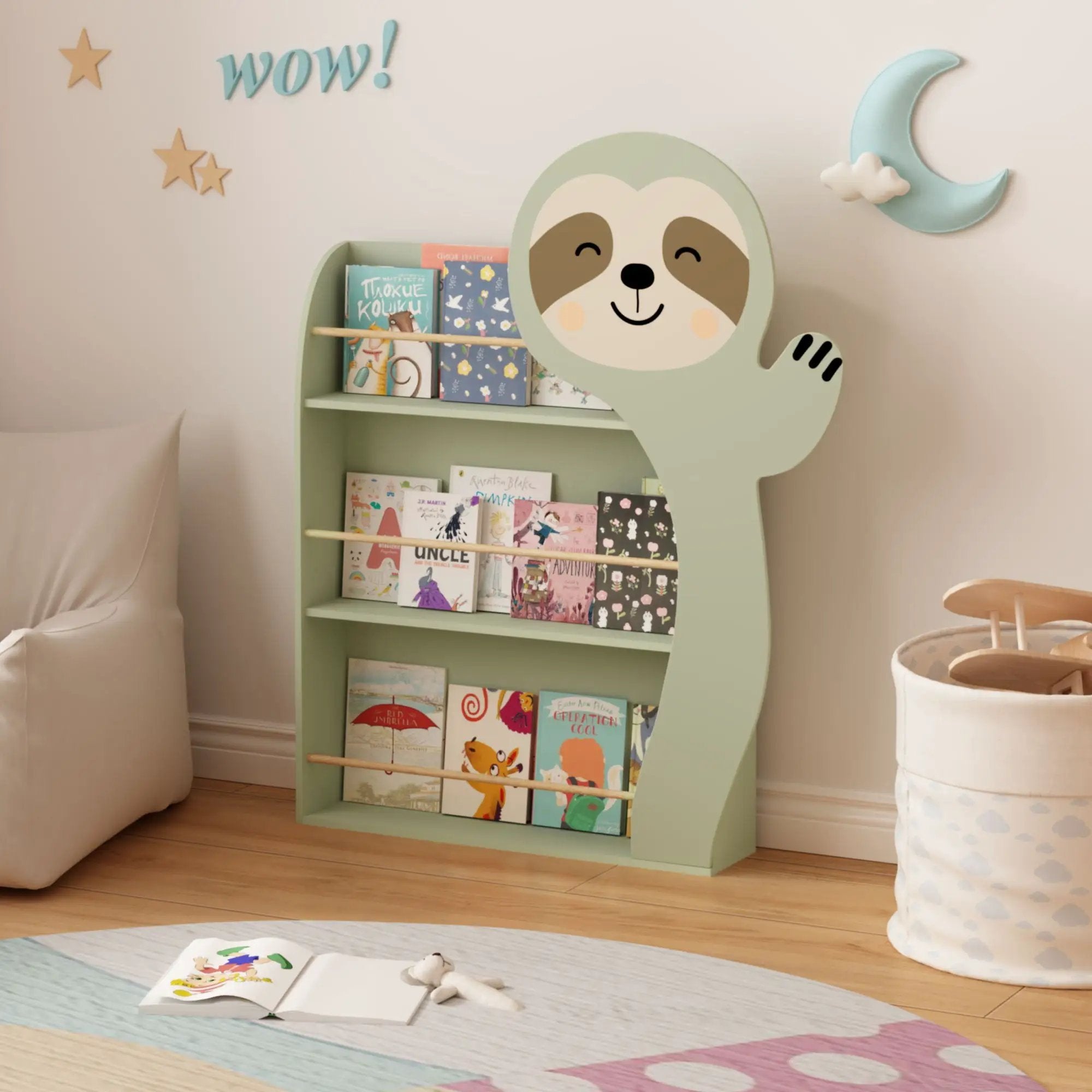 Sloth Bookshelf, Front Facing Toddler Book Display Rack With 3 Tiers, Cute Animal Design - Sage Green by Unique Piece Furniture