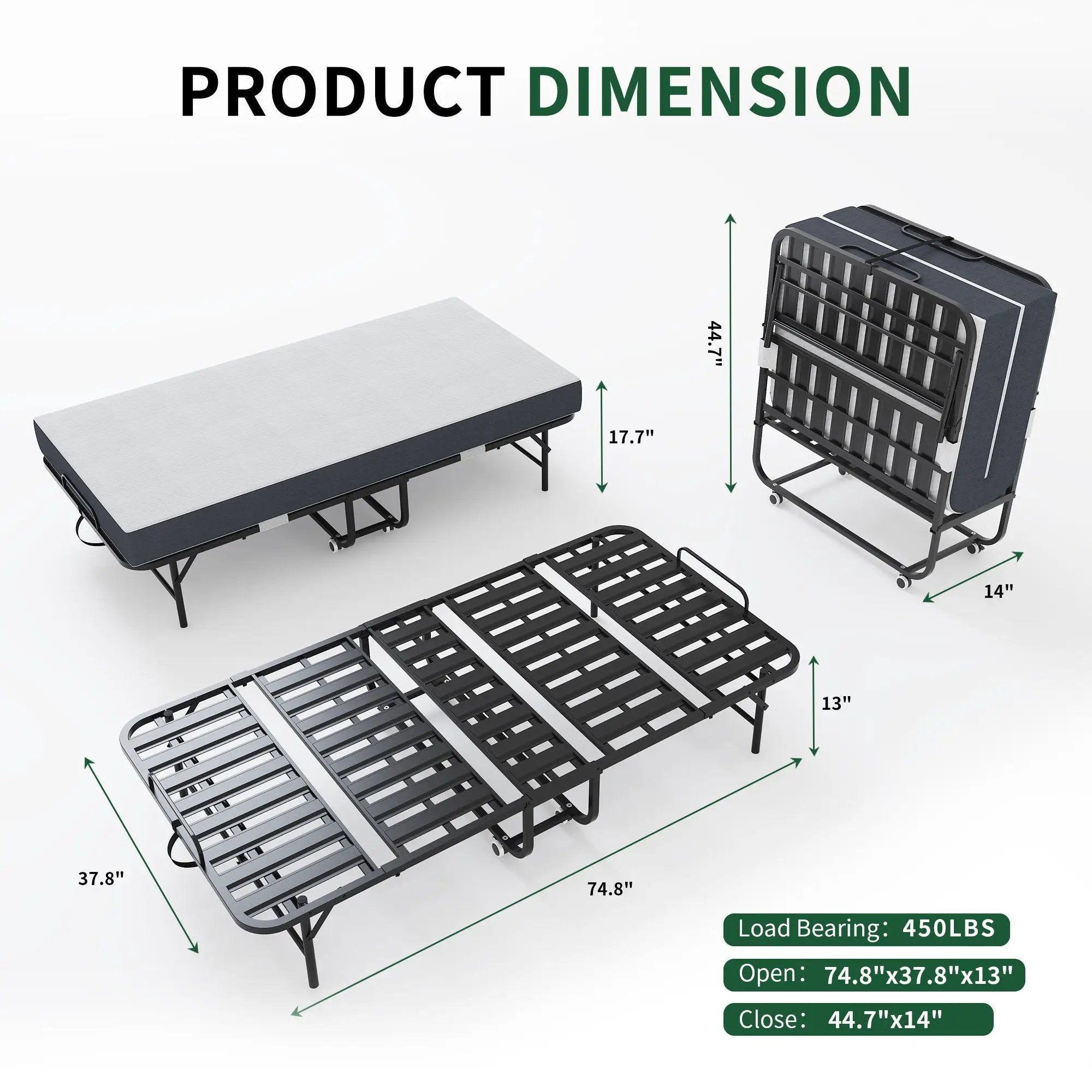 Twin Extra Long Folding Bed For Tall People, Heavy-Duty Rollaway Guest With Memory Foam Mattress - Black by Unique Piece Furniture