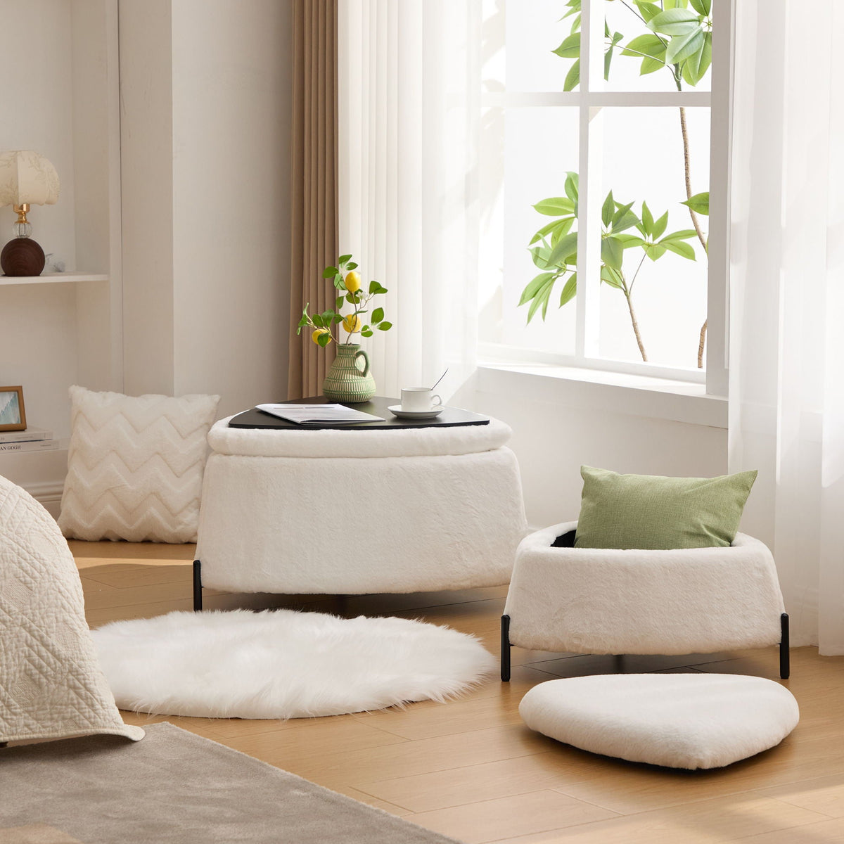 Upholstered Storage Ottoman Set with Reversible Lid - Fabric (Beige, Light Brown, Black), photo 4 of 10