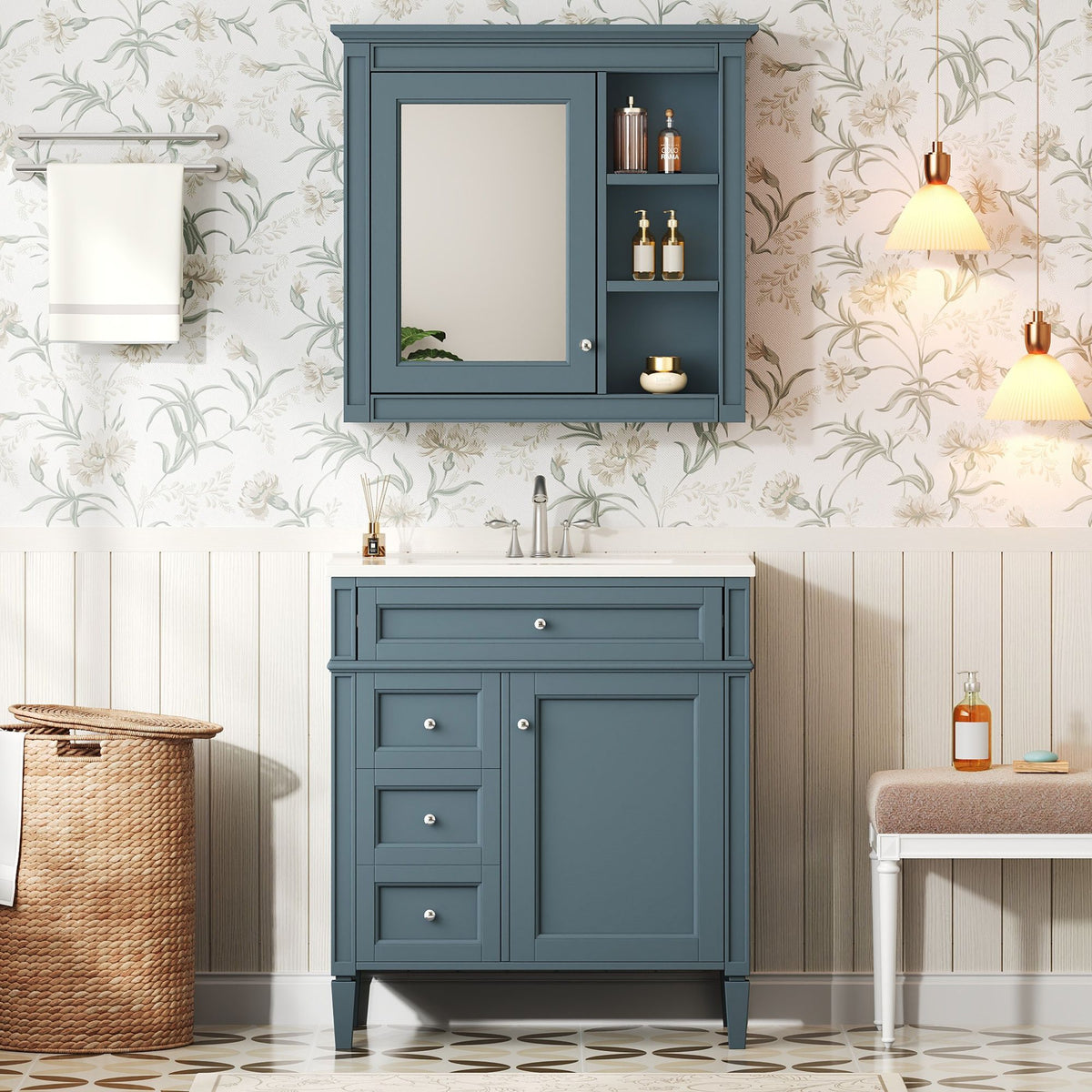 Bathroom Vanity With Medicine Cabinet, Royal Mirror Cabinet, Modern Bathroom Storage Cabinet With 2 Soft Closing Doors And 4 Drawers, photo 9 of 40
