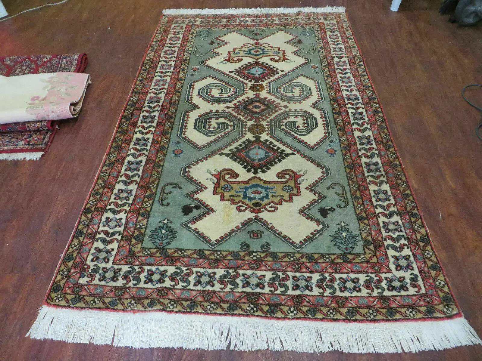 4' X 7' Vintage Handmade Knotted Rug India Caucasian Wool Soft Green Organic by Jewel Rugs