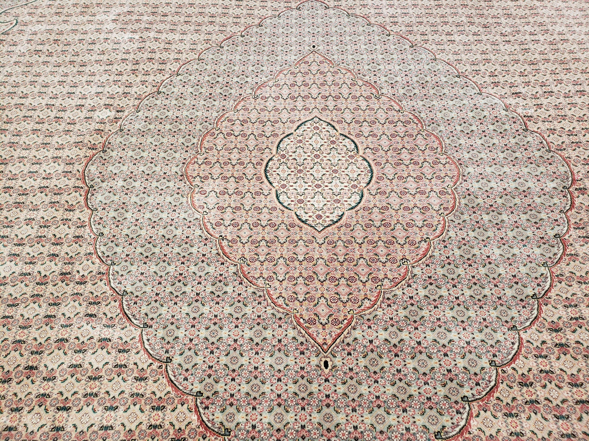 Stunning Oversized Pak Persian Oriental Rug 12x15, Hand Knotted Wool & Silk Palace Sized Carpet, Mahi Pattern, Very Fine, Peach Beige, Wow by Jewel Rugs