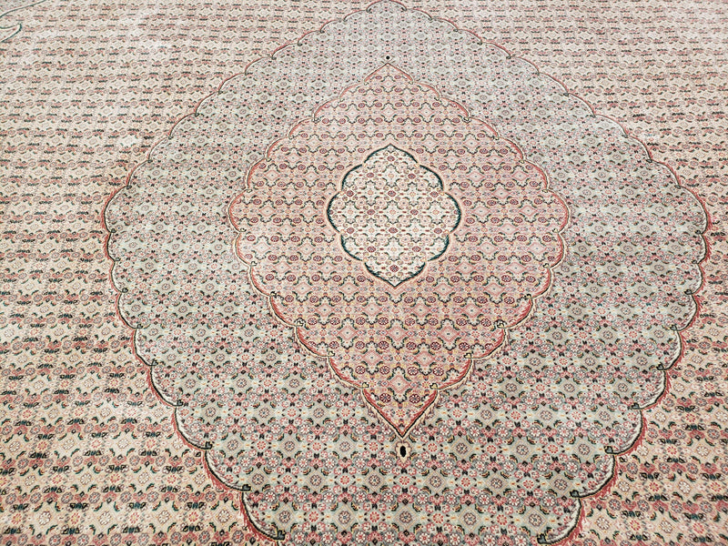 Stunning Oversized Pak Persian Oriental Rug 12x15, Hand Knotted Wool & Silk Palace Sized Carpet, Mahi Pattern, Very Fine, Peach Beige, Wow by Jewel Rugs