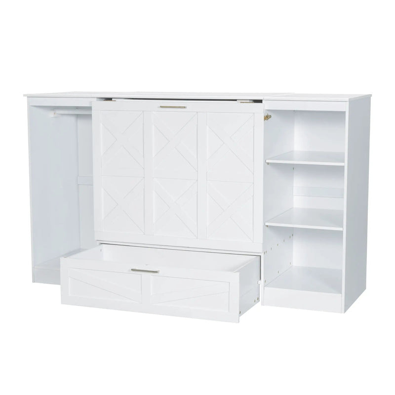 Twin Size Murphy Bed With Bedside Shelves And Wardrobe - White