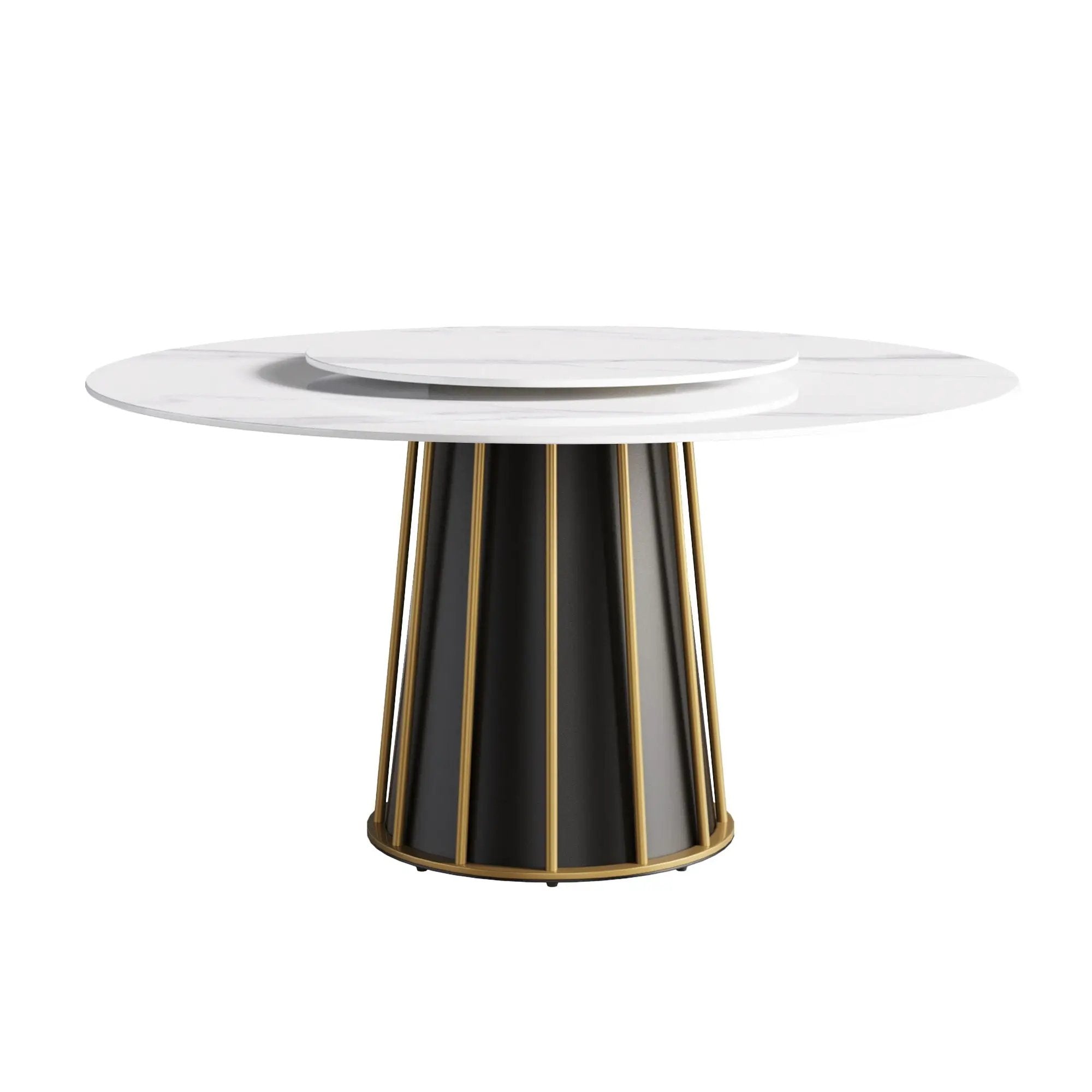 59.05" Modern Artificial Stone Round Panel Metal Iron Base Dining Table, Can Accommodate 8 People Artificial Stone Turntable (Not Including Chairs) - White / Black by HouseOfZazla