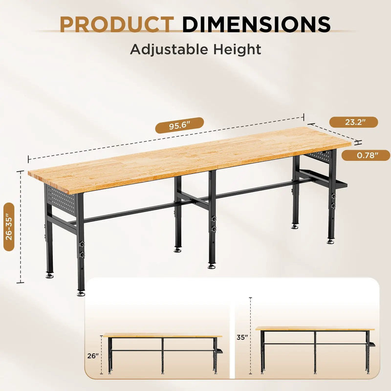 Adjustable Workbench, Side Pegboard, 4 Height Settings, Power Outlet, Storage Box, Wheels Or Leveling Feet - Black by HouseOfZazla