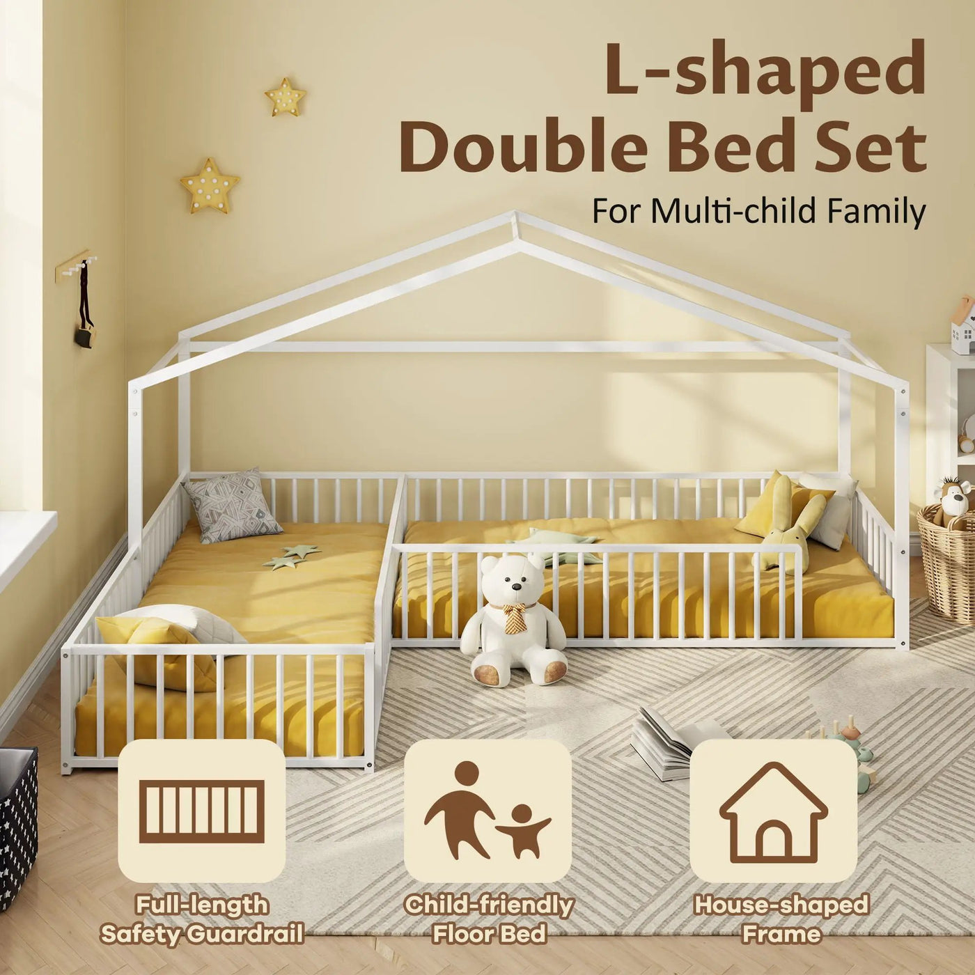 L-Shaped Montessori Bed For 2 Kids With Partitioned Fence by HouseOfZazla