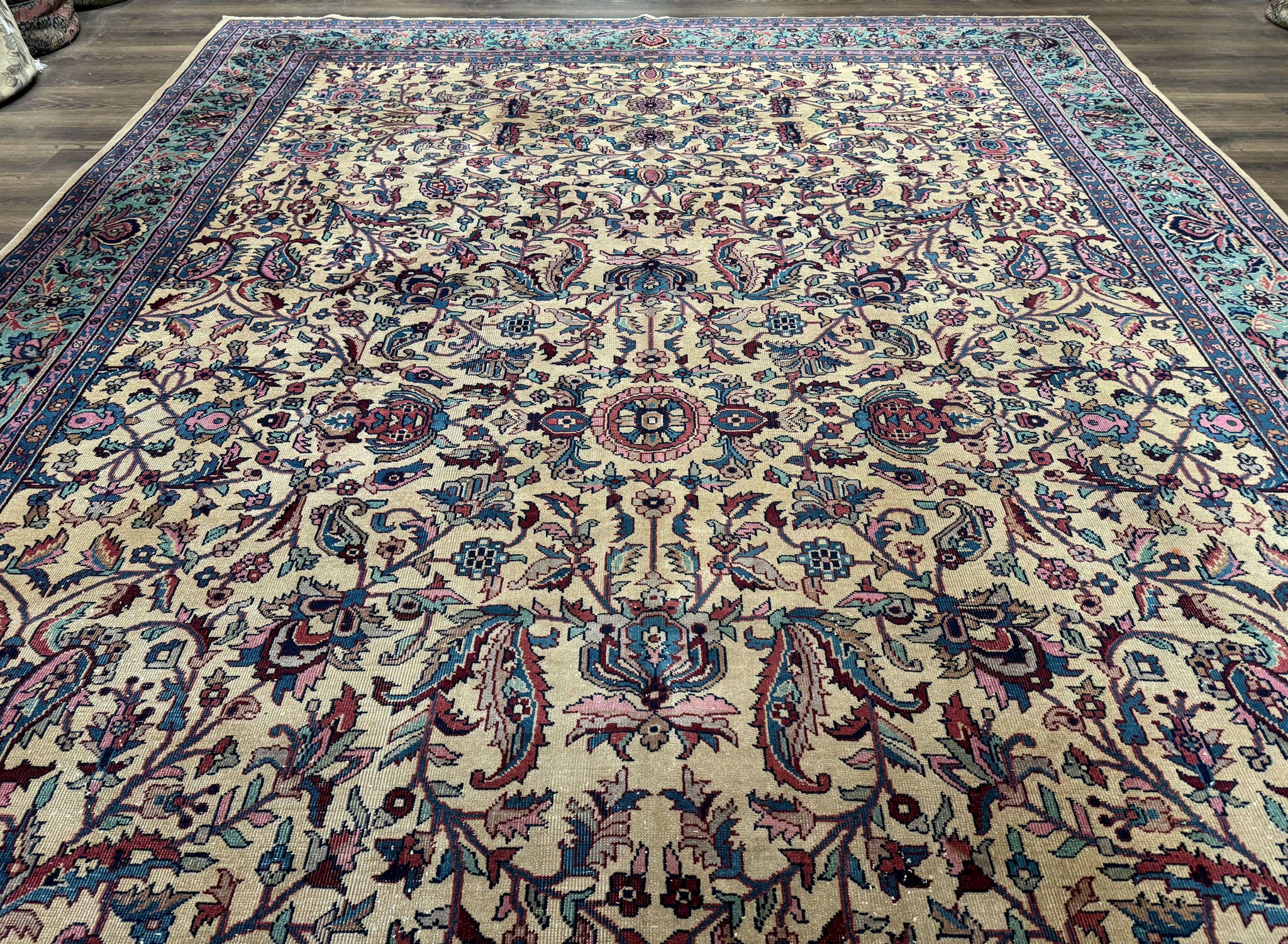 Antique Persian Rug 10x15, Camel and Cyan, Allover Pattern, Rare, Samarkand Rug by Jewel Rugs