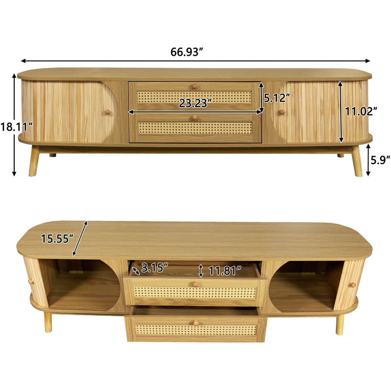 Rattan TV Stand For Tvs Up To 75'', Modern Farmhouse Media Console, Entertainment Center With Legs, TV Cabinet For Living Room, Home Theatre - Natural Wood by Unique Piece Furniture