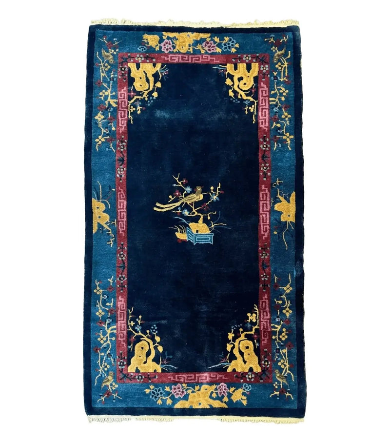 Antique Chinese Peking Rug 3x6, Dark Blue, Bird Motif, Handmade Wool Art Deco Asian Oriental Carpet, Pair B by Jewel Rugs