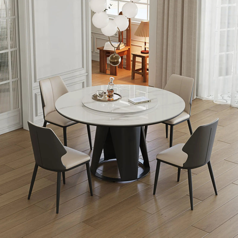 Modern Sintered Stone Dining Table With Round Turntable And Metal Pedestal - White by HouseOfZazla