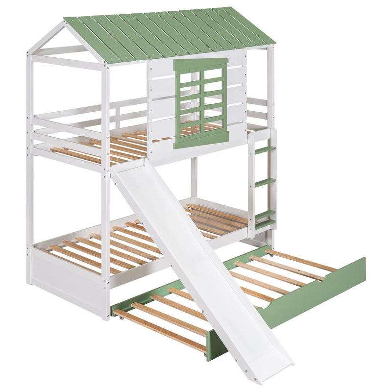 Twin Over Twin House Bunk Bed With Convertible Slide And Trundle - White by HouseOfZazla