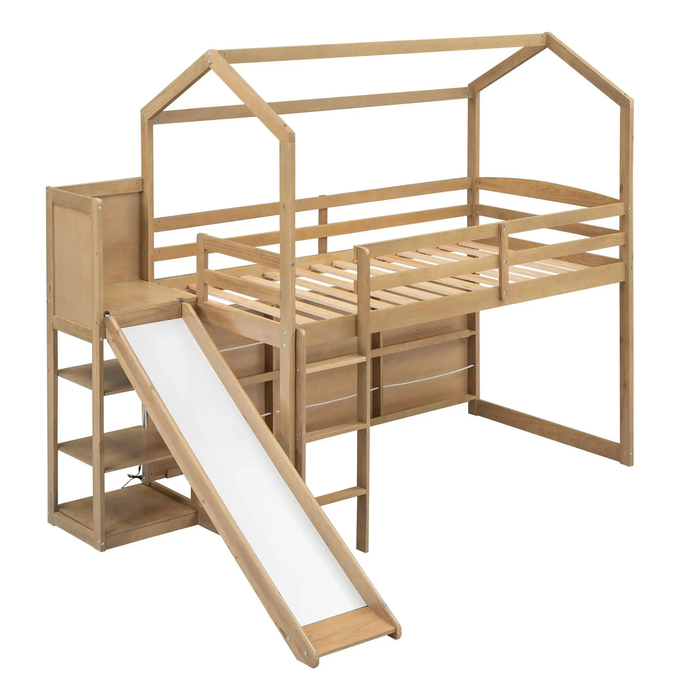 House Loft Bed With Slide, Storage Shelves And Light, Climbing Ramp by HouseOfZazla