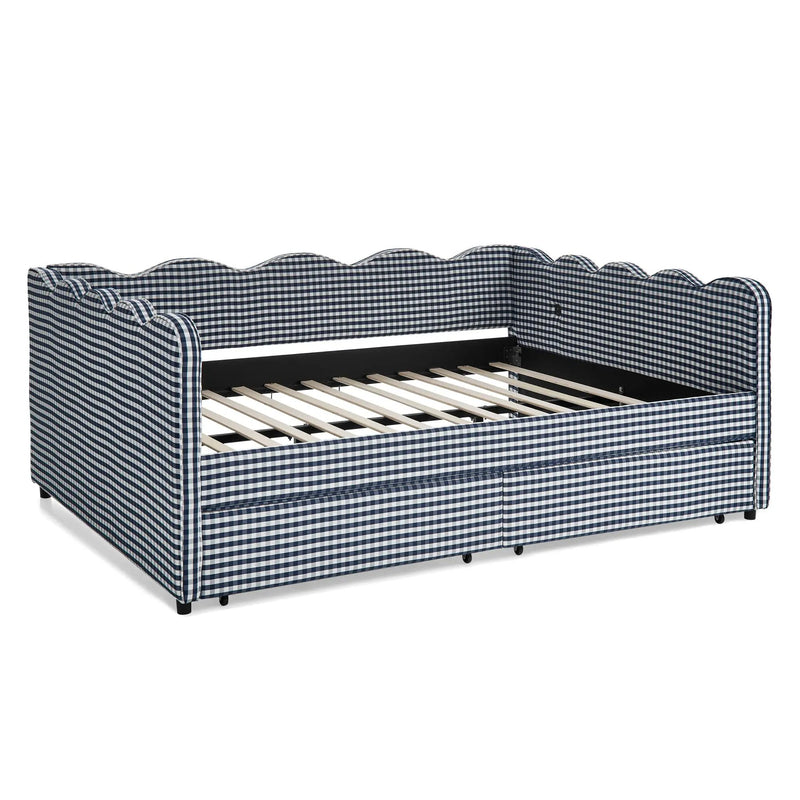 Queen Size Cozy Gingham Daybed with Two Storage Drawers and USB Port by HouseOfZazla