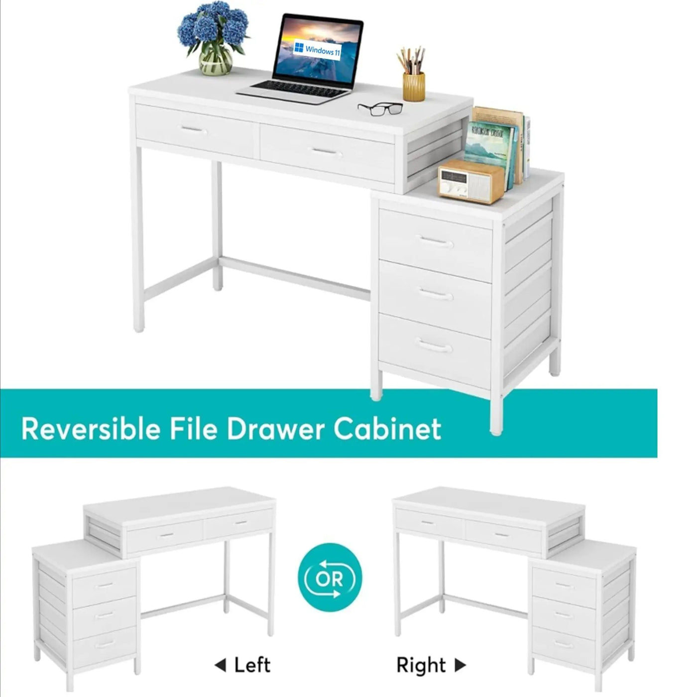 Computer Desk With Reversible 5 Drawer Storage, Frame Writing Table For Small Spaces by HouseOfZazla