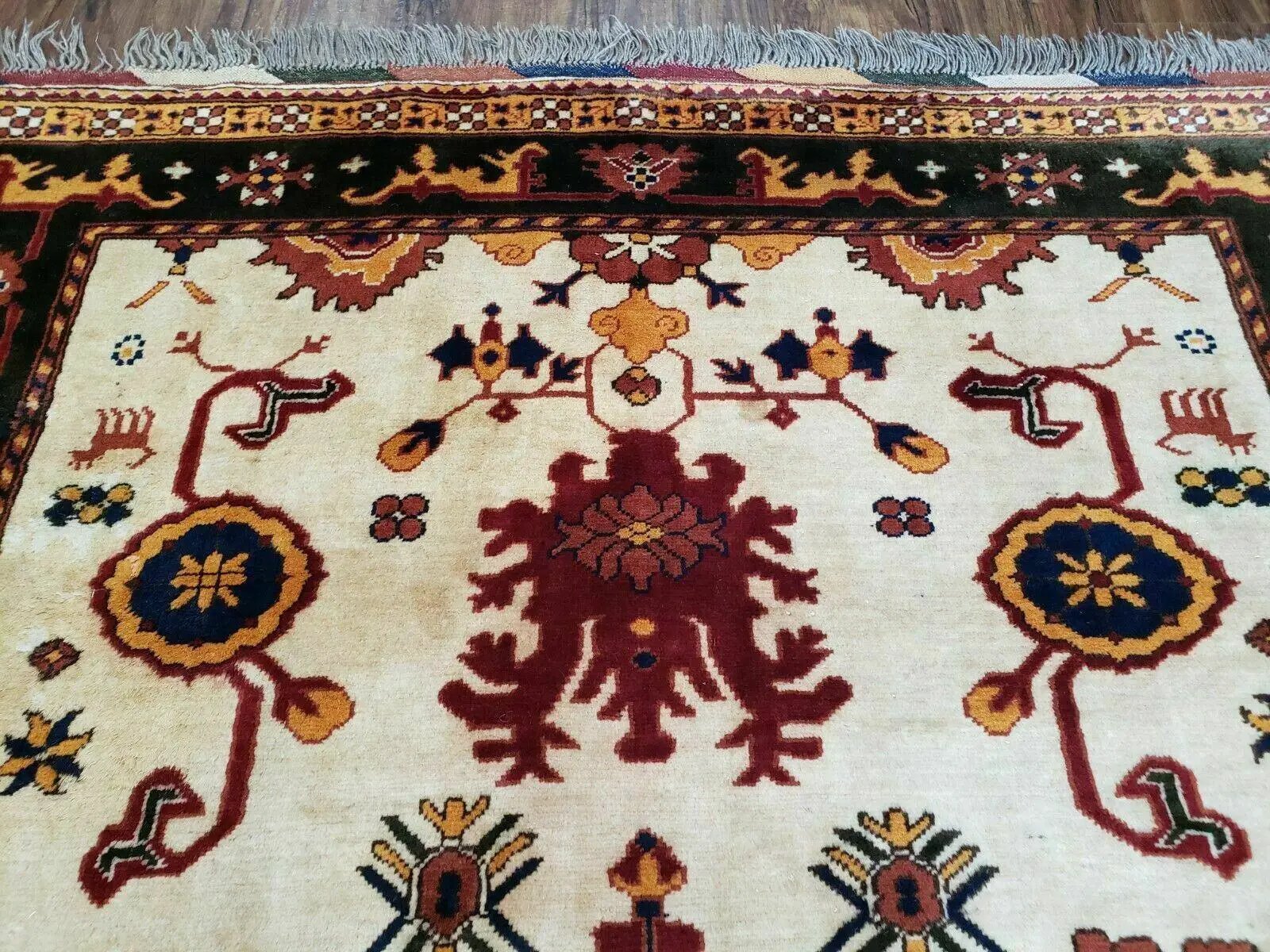 5' X 6' Vintage Handmade Knotted Turkish Kazak Pattern Wool Rug Bohemian Boho Interior Design by Jewel Rugs