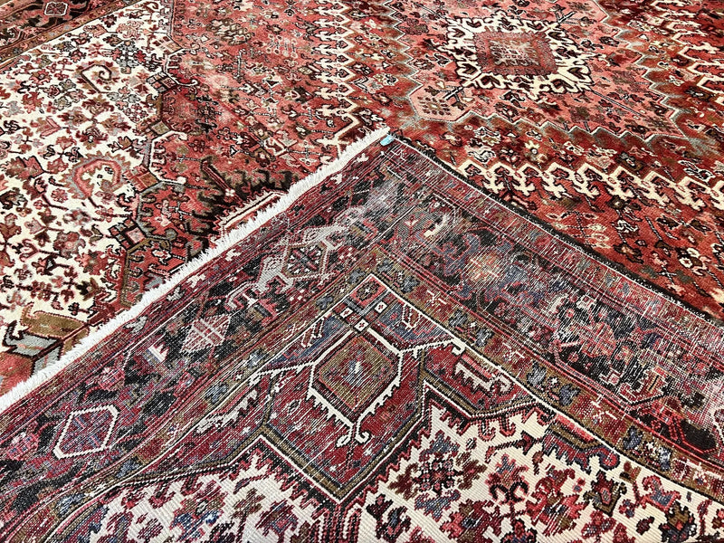 Large Persian Heriz Rug 10x13, Red and Cream Geometric Tribal Room Sized Handmade Wool Hand Knotted Semi Antique Decorative Oriental Carpet by Jewel Rugs