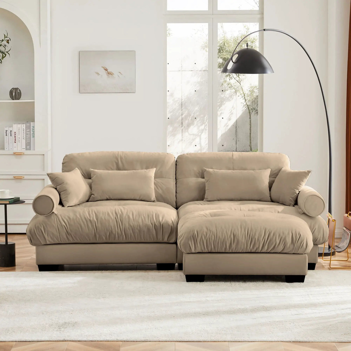 Modern Sectional Sofa With Ottoman, Round Bolster Armrests, Waist And Throw Pillows by HouseOfZazla