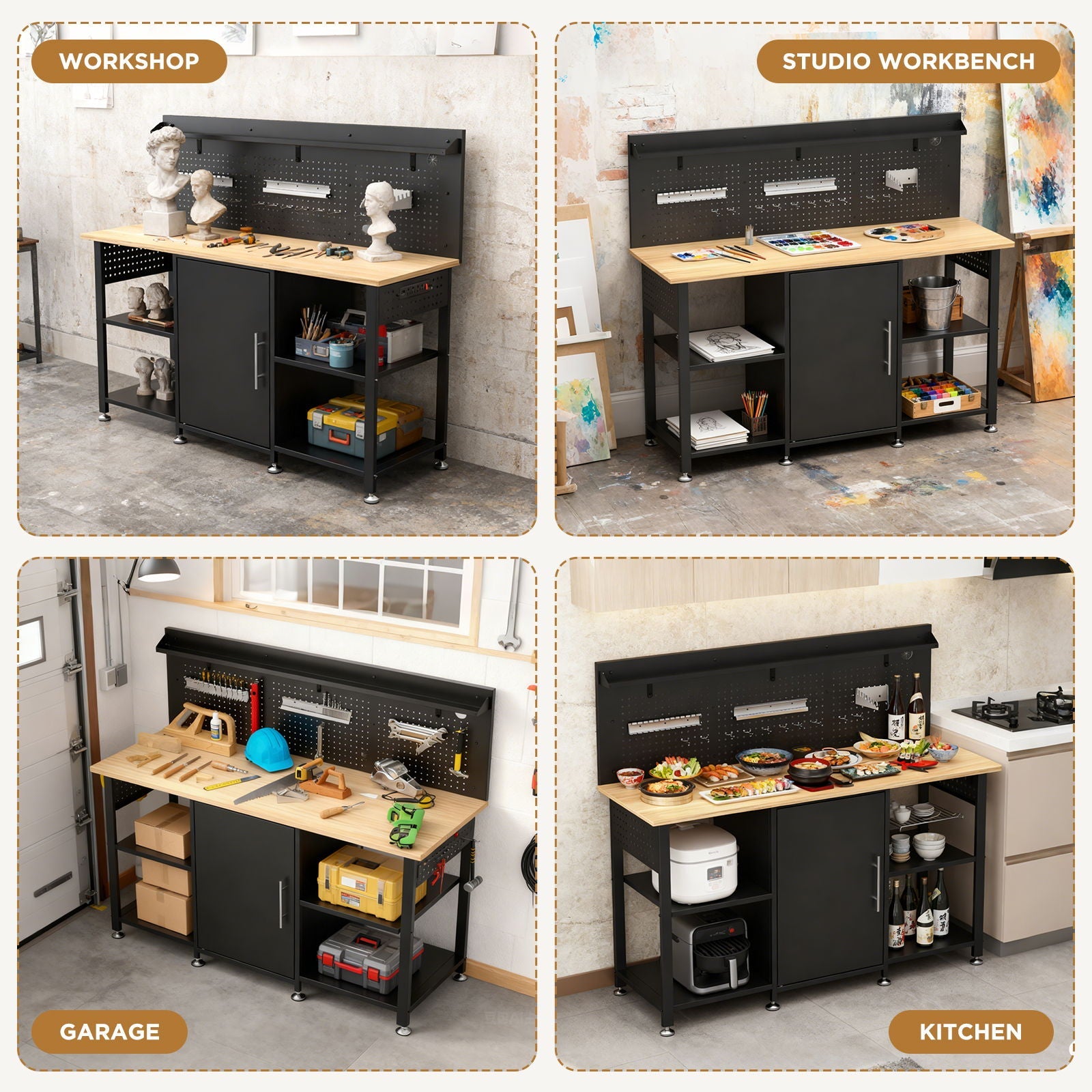Workbench With Storage Cabinet And Pegboard - Black by HouseOfZazla