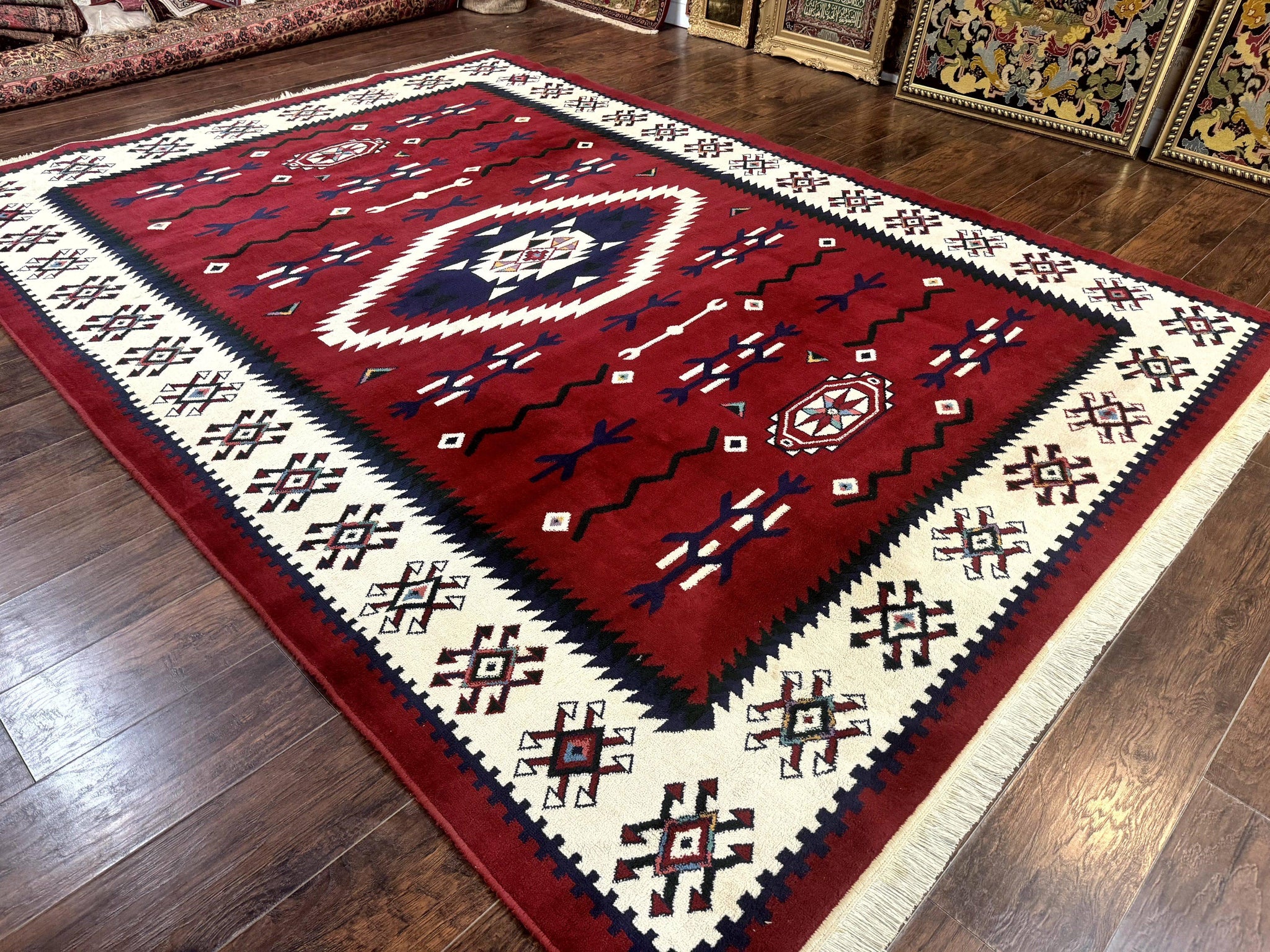 Belgium Power Loomed Rug 8x11, Navajo Native American Design, Dark Red and Ivory, Tribal Rug, Bohemian Carpet by Jewel Rugs