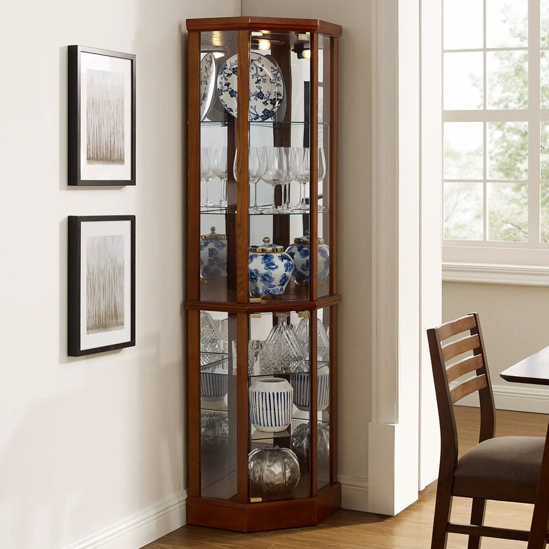 6 Shelf Lighted Corner Curio Cabinet With Adjustable Tempered Glass Shelves And Mirror Back (E26 Light Bulb Not Included) by Unique Piece Furniture