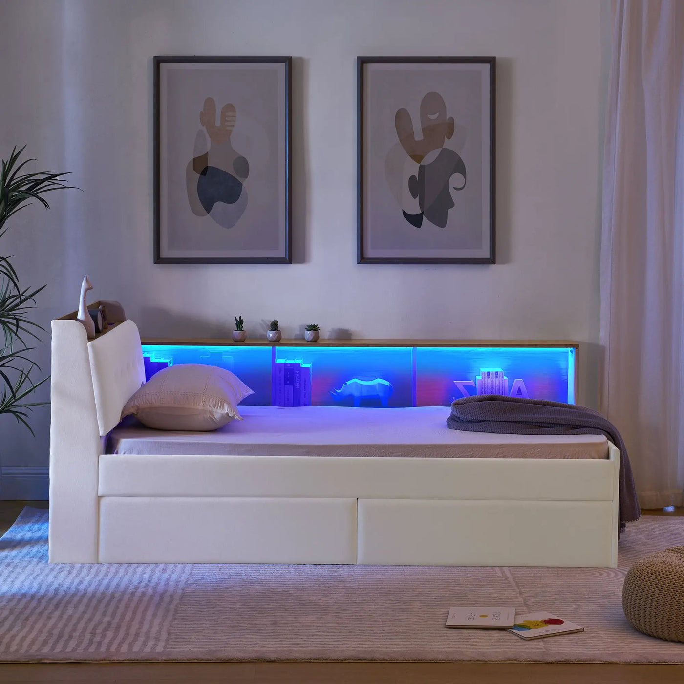 Upholstered Daybed With Storage Headboard, Wireless Charging, LED Lights by HouseOfZazla