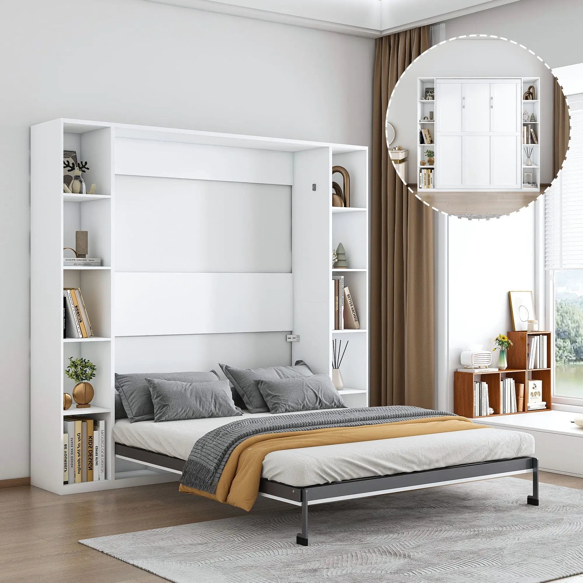 Queen Murphy Bed With Storage Cabinet - White by HouseOfZazla