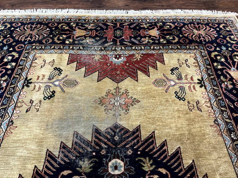 Indo Persian Heriz Rug 8x12, Camel Hair Tan and Navy Blue, Decorative by Jewel Rugs