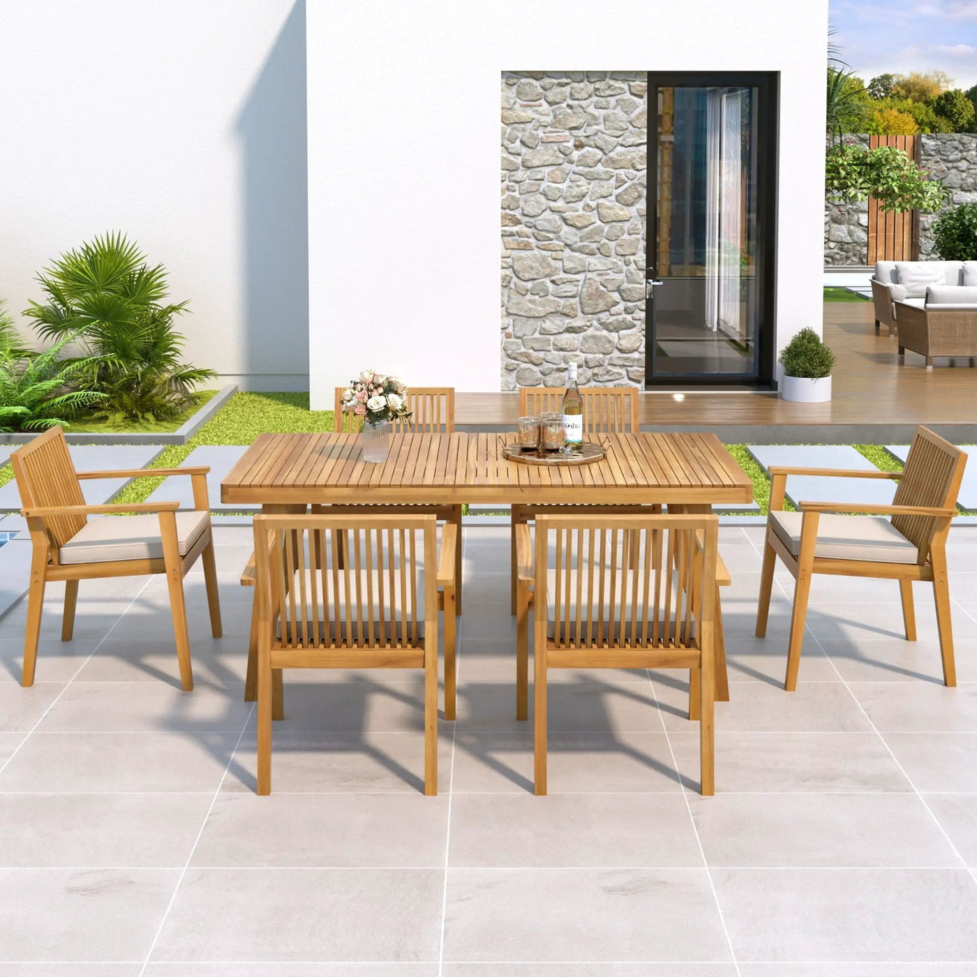 7 Piece Patio Furniture Set Acacia Wood Table And 6 Cushioned Chairs by HouseOfZazla