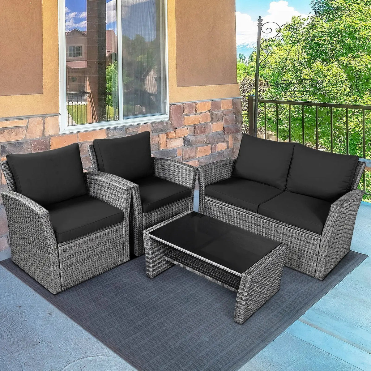4 Pieces Patio Rattan Furniture Set Sofa Table with Storage Shelf Cushion by DirectDeals