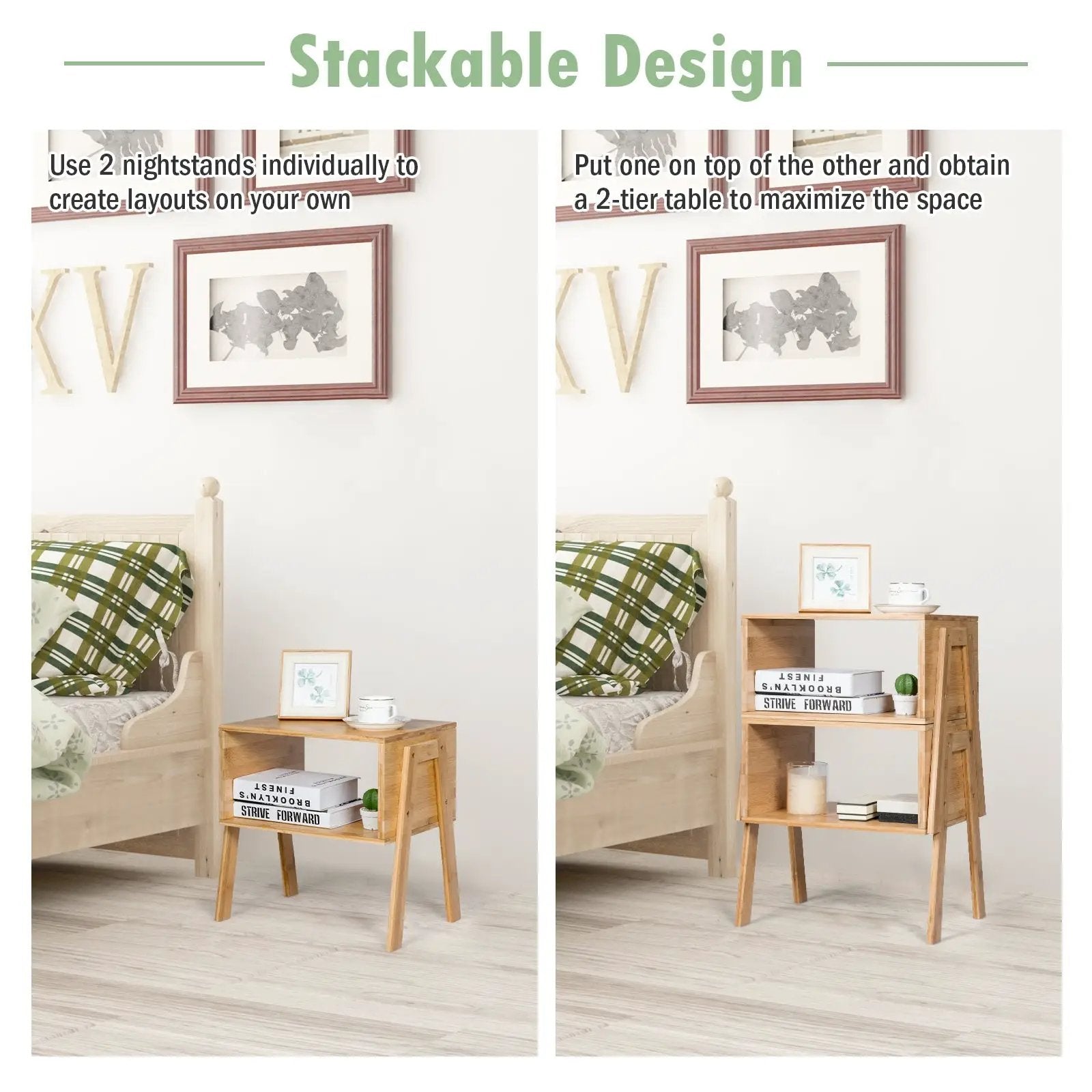 2 Pieces Bamboo Nightstand Sofa Table with Storage Shelf by DirectDeals