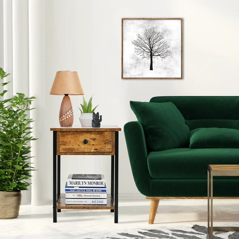 Industrial End Side Table Nightstand with Drawer Shelf by DirectDeals