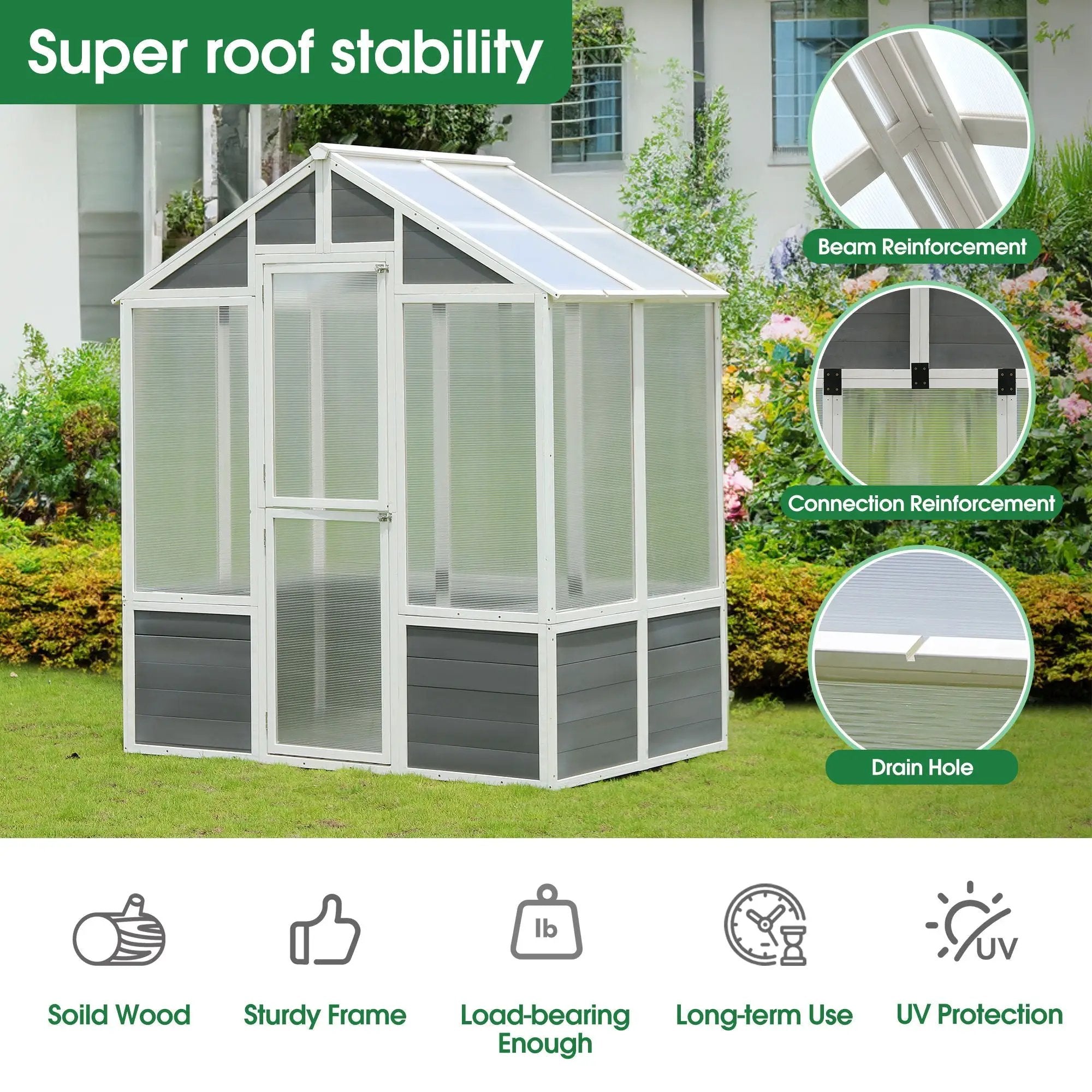 Greenhouse, Wooden Greenhouse Polycarbonate Garden Shed For Plants, Walk-In Outdoor Plant Gardening Greenhouse For Patio Backyard Lawn, Grow House With Front Entry Door - White / Gray by HouseOfZazla