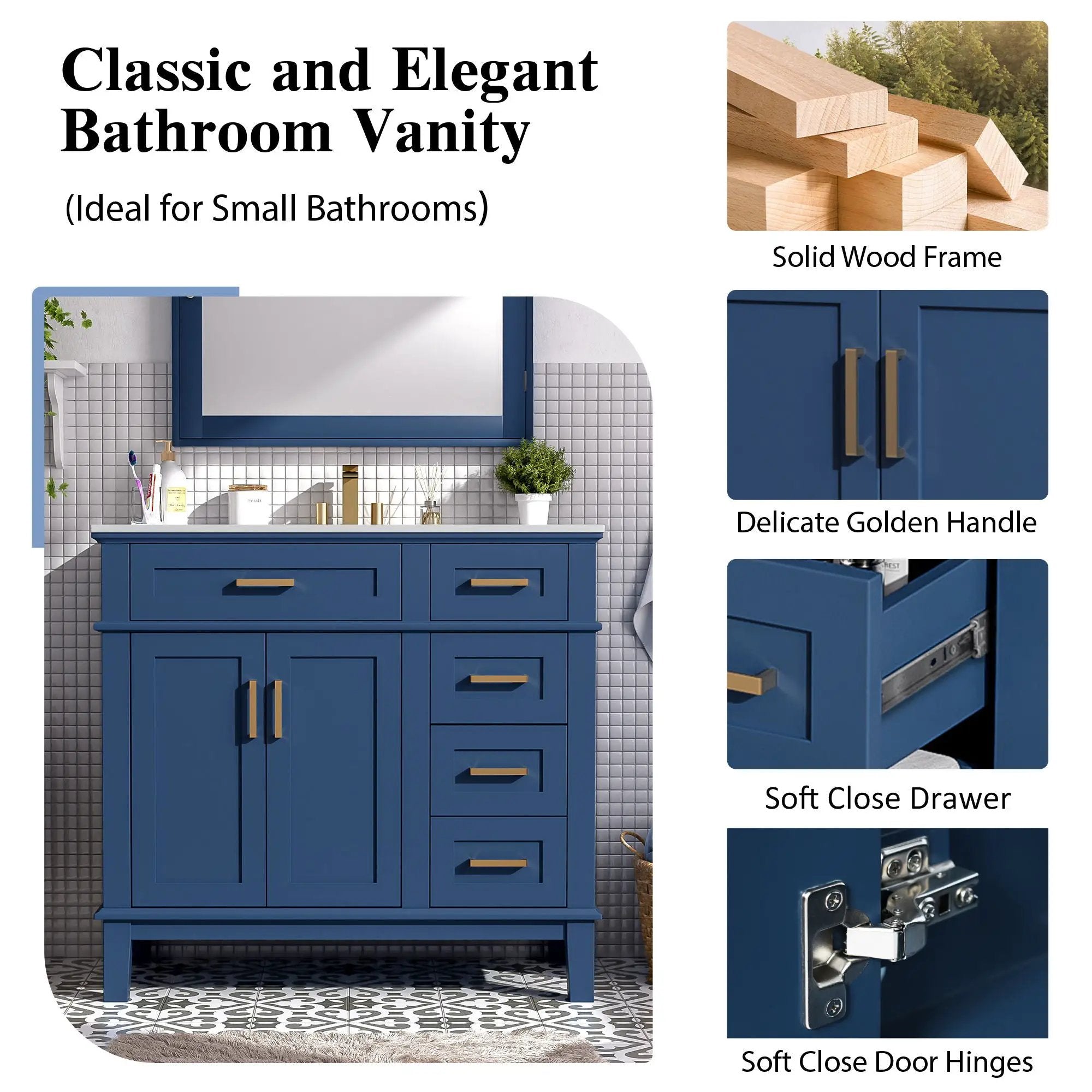 Bathroom Vanity With Ceramic Sink, Soft-Close Doors, 4 Storage Drawers - Blue by HouseOfZazla
