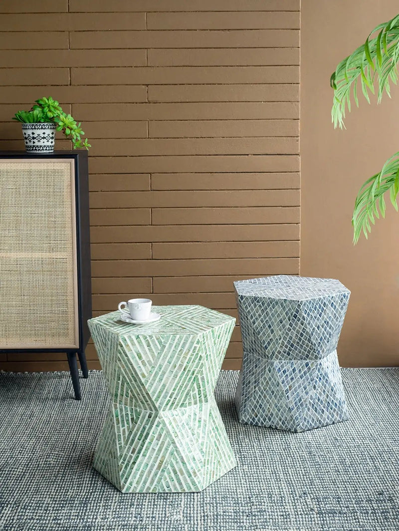 19x19x20" Tapered Blue Garden Capiz Stool, Accent Side Table by HouseOfZazla