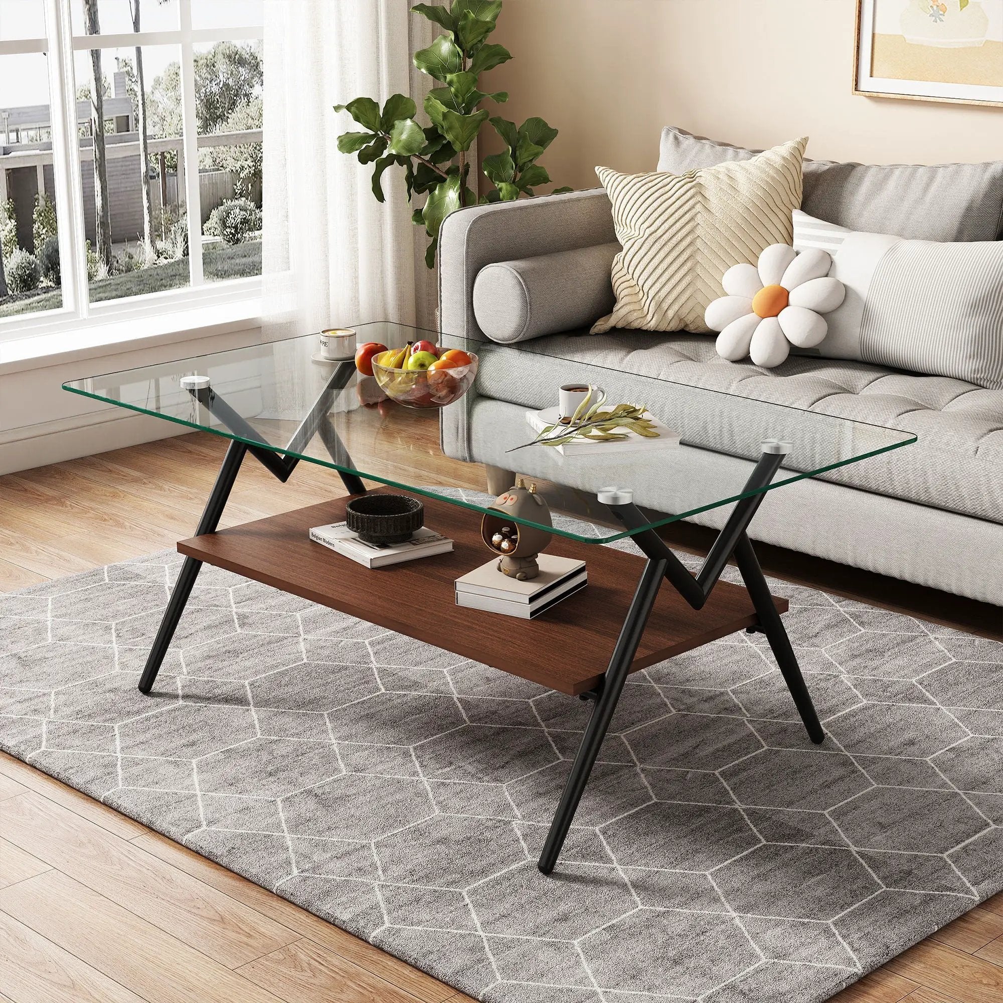 Rectangle Coffee Table With Tempered Glass Top And Shelf by Unique Piece Furniture