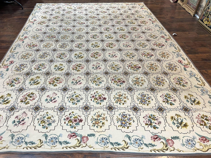 Needlepoint Rug 10x14, Wool Handmade Vintage Needlepoint Carpet, Floral Panel Design, Ivory/Cream by Jewel Rugs
