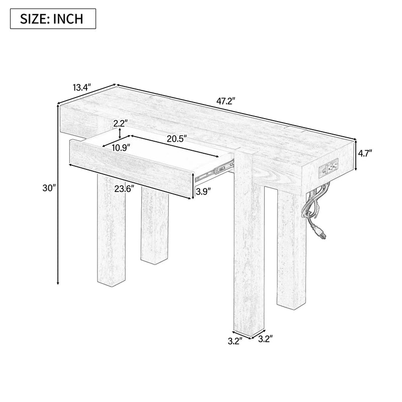 TREXM Rustic Minimalist Console Table with Hidden Drawer, Side Power Outlet by HouseOfZazla