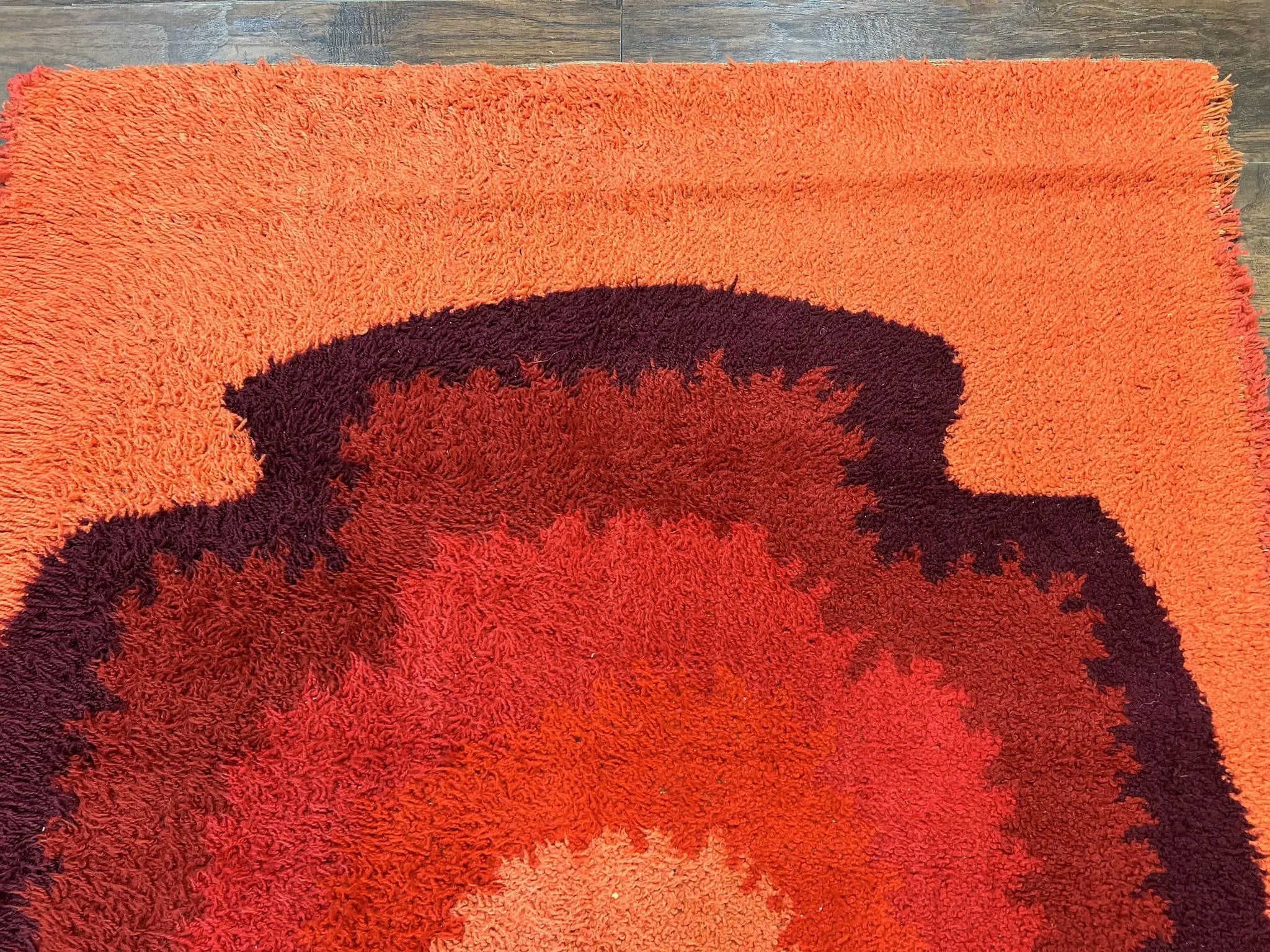 Danish Rya Shag Rug 4x6, Mid Century 1960s Retro Vintage Wool Rug, Shades of Red by Jewel Rugs