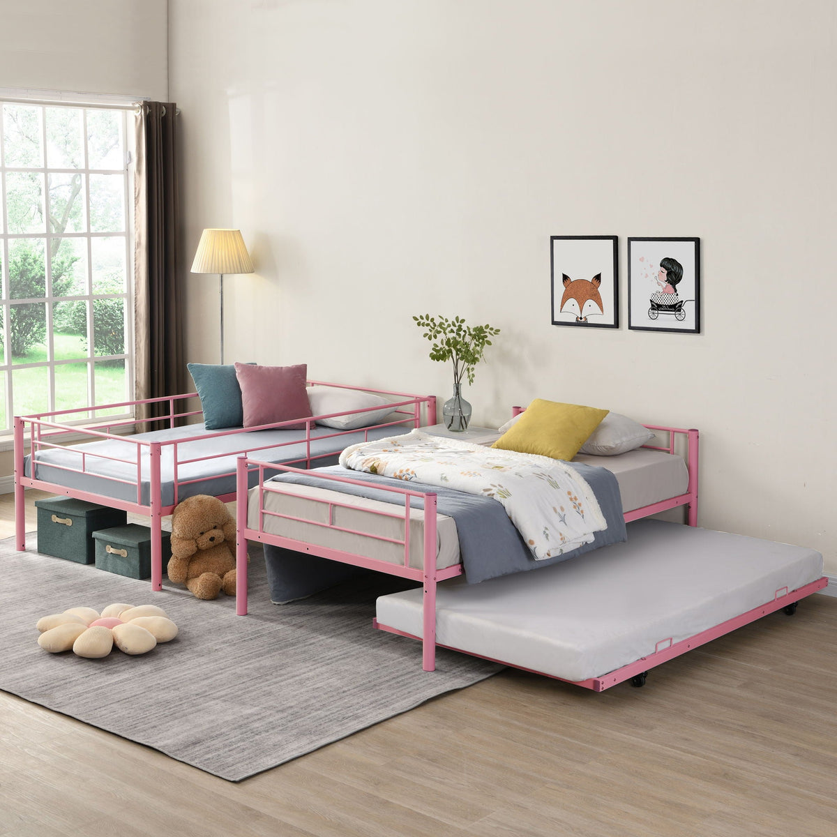 Twin Over Twin Bunk Bed with Trundle - Sturdy Metal Frame - Pearl Silver, White, or Pink, photo 7 of 39