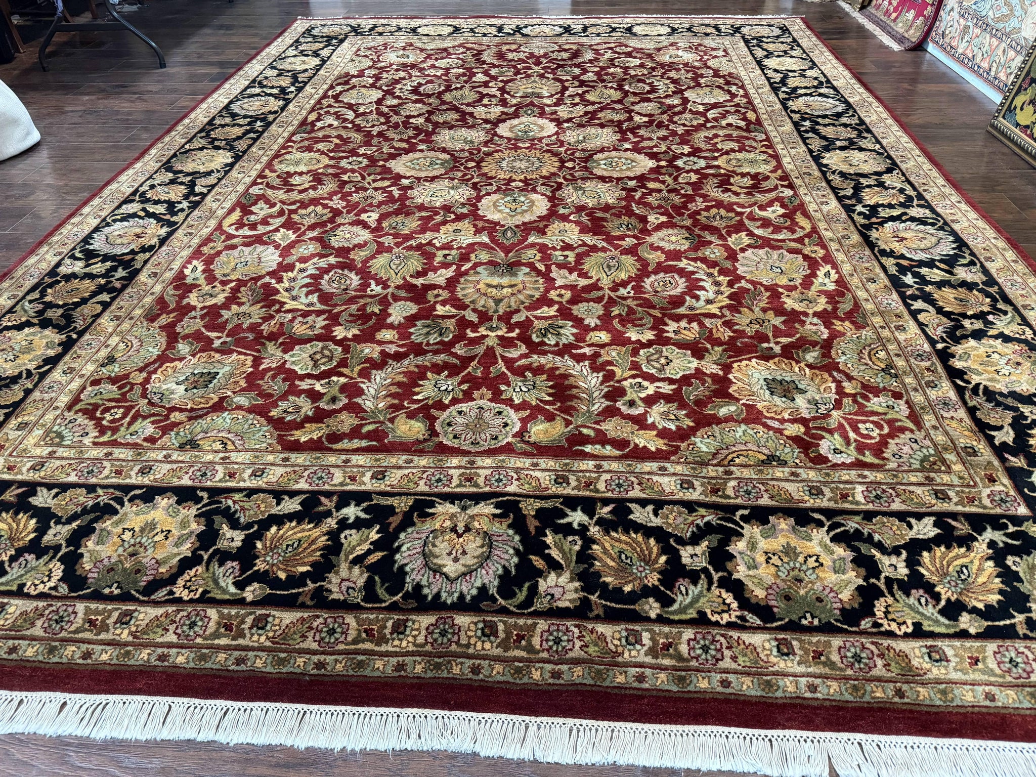 Indian Agra Rug 10x14, Traditional Oriental Carpet, Room Sized Wool Area Rug, Floral, Maroon by Jewel Rugs