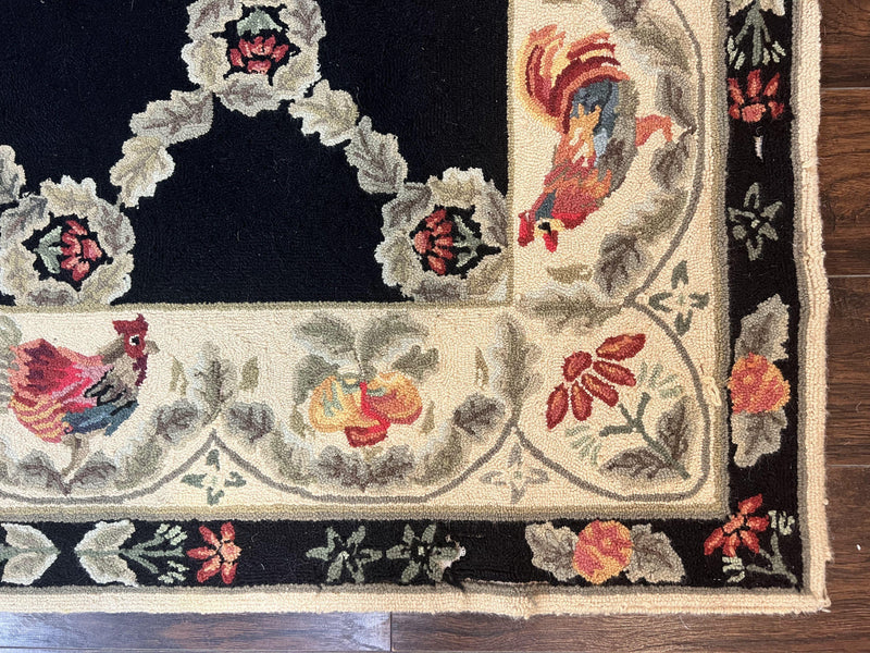 Hooked Rug 5x8, European Aubusson Pattern, Black and Ivory, Roses & Roosters, Vintage Wool Rug by Jewel Rugs